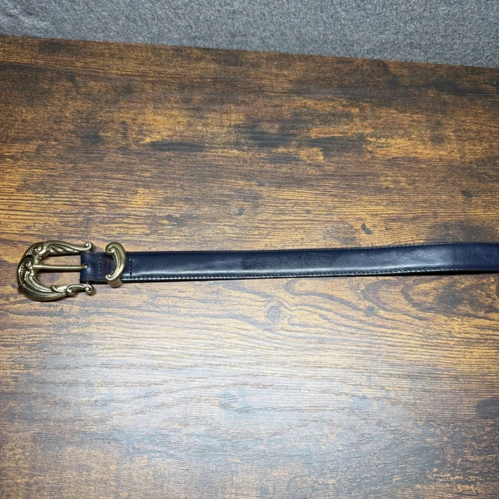 Talbots Navy Blue Leather Belt Small Gold Scroll Buckle Western Boho Vintage USA